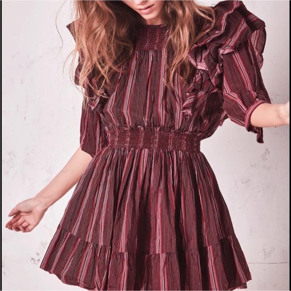 LoveShackFancy Burgundy Striped Mini Dress
